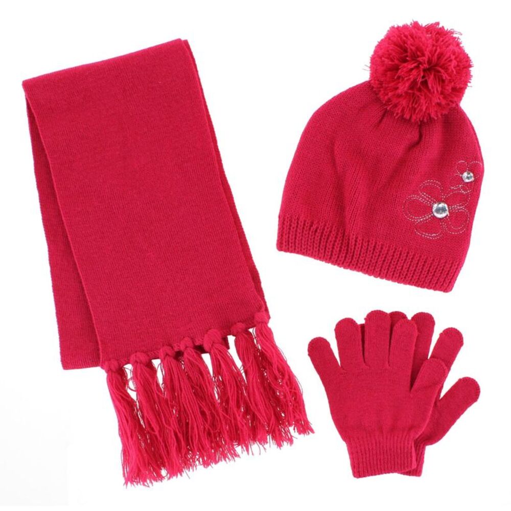 ClimaZer0 Girl's Flower Beanie Hat Scarf and Gloves Winter Set